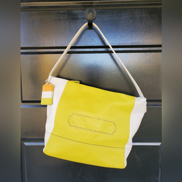 RARE Coach leather legacy colorblocked in yellow/lime with beige - Picture 1 of 8